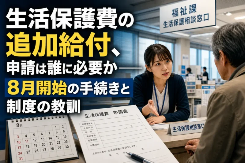 自治体窓口で生活保護費の追加給付について相談する様子。