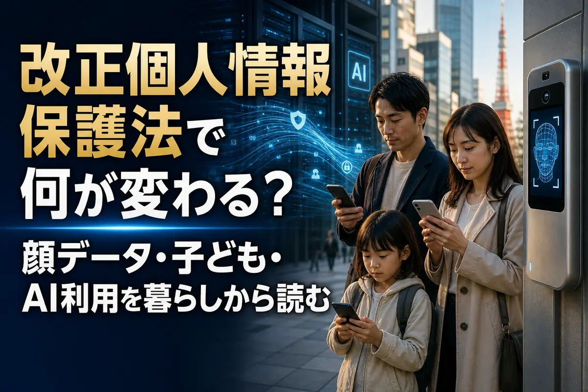 顔認証や子どものデータをめぐる個人情報保護政策のイメージ。