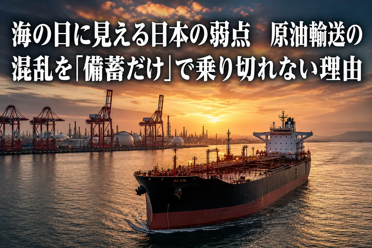 日本の港へ向かう大型タンカーと沿岸のエネルギー施設。