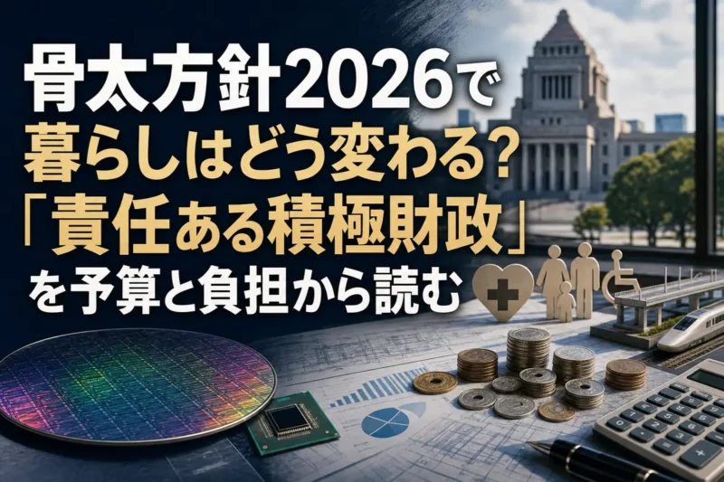 骨太方針2026の投資計画と家計負担を表す政策資料や硬貨。