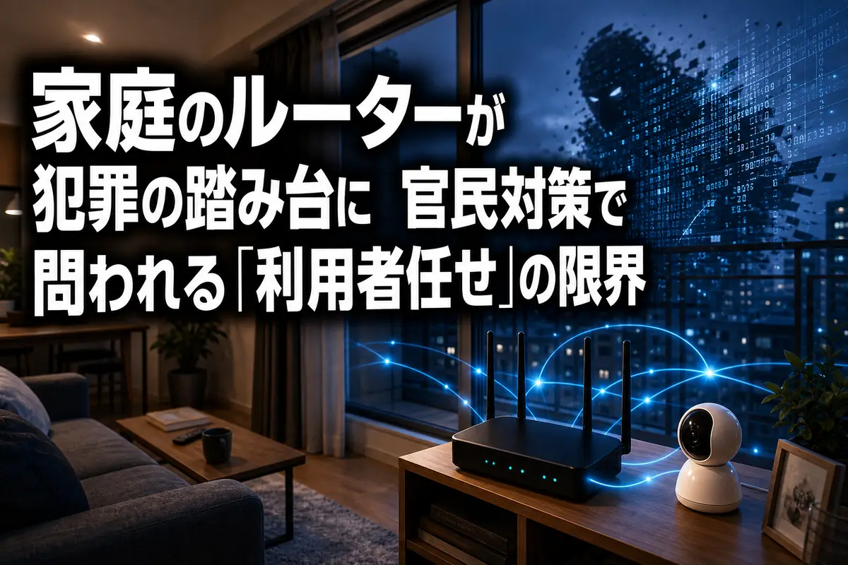 家庭用ルーターとIoT機器が外部の不審な通信に接続される様子。