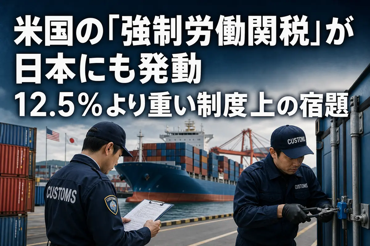 日本の港で輸出コンテナを確認する税関職員と貨物船。