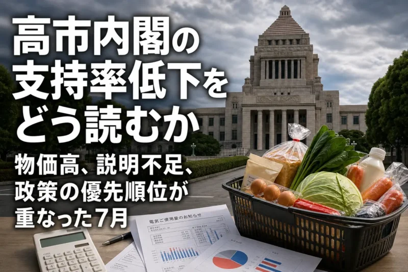 国会議事堂と家計負担、世論調査を象徴する資料を組み合わせたイメージ。