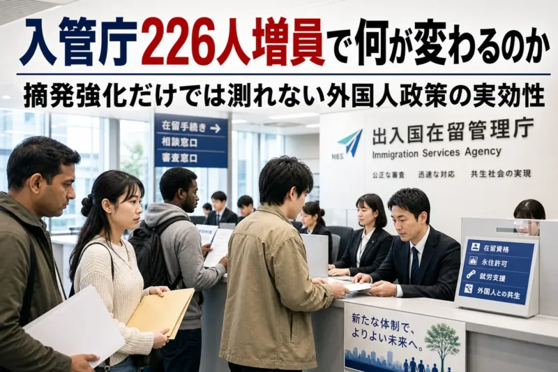 出入国在留手続の窓口で職員が利用者に対応する様子。