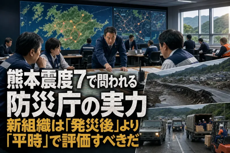 熊本の地図を前に災害対応を調整する防災関係者。