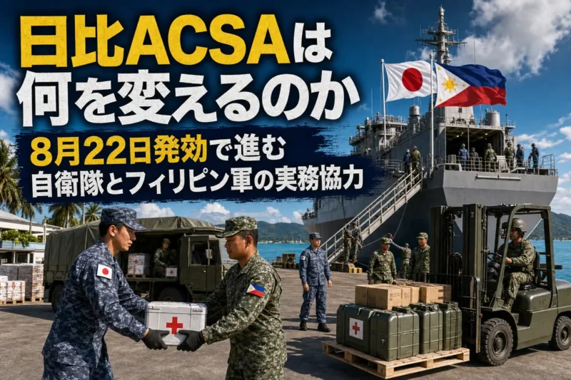 日本とフィリピンの部隊が港湾で救援物資を共同輸送する様子。