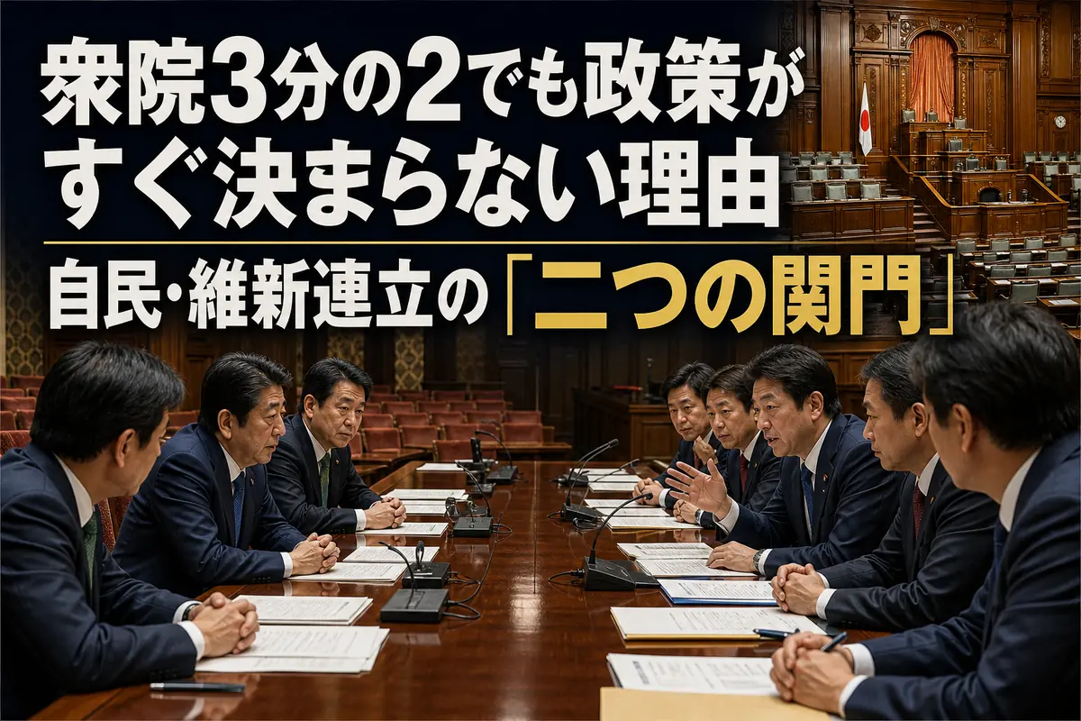 国会内の協議テーブルで政策文書を検討する与党議員たち。
