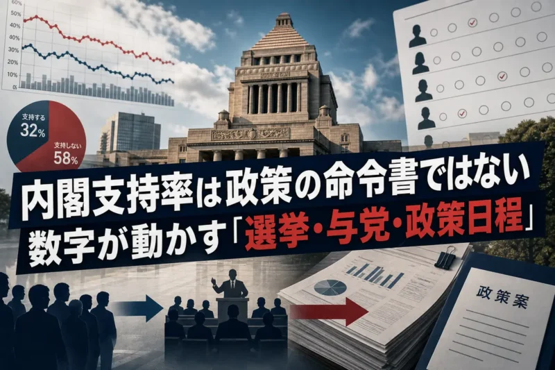 国会議事堂と世論調査のグラフを重ねた政策分析のイメージ。