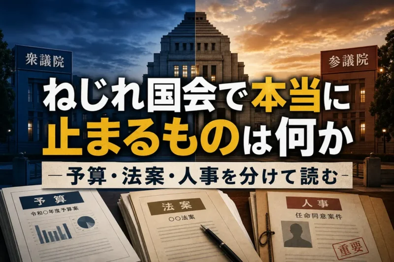 国会議事堂と予算・法案・人事書類を描いた政策分析のイメージ。