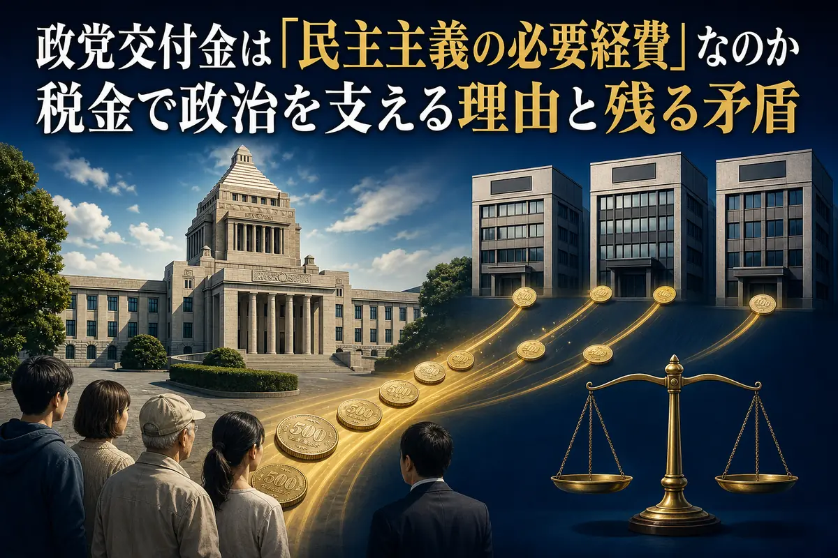 国会議事堂と税金による政党活動の支えを表したイメージ。