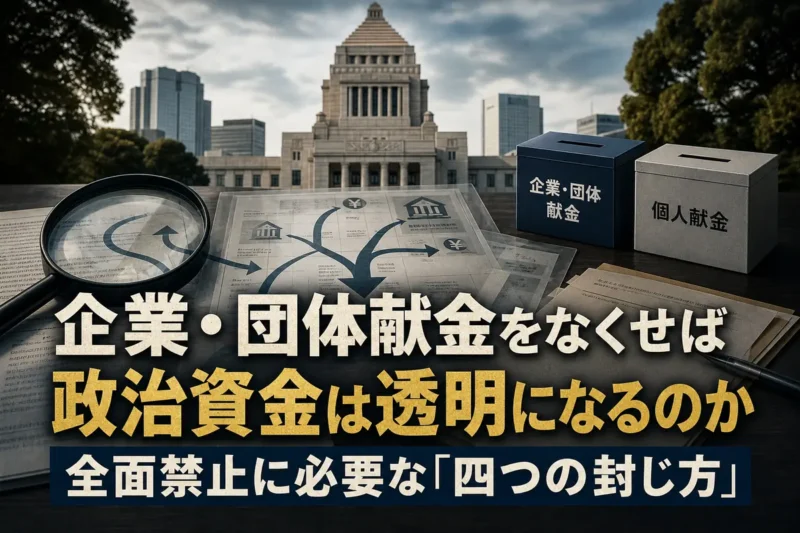 国会議事堂と政治資金の流れを示す書類を描いたイメージ。