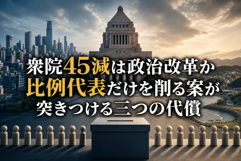 国会議事堂を背景に、一票の平等と都市・地方の代表性を象徴したイメージ。