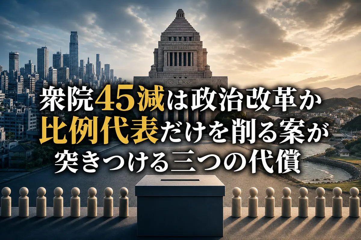 国会議事堂を背景に、一票の平等と都市・地方の代表性を象徴したイメージ。