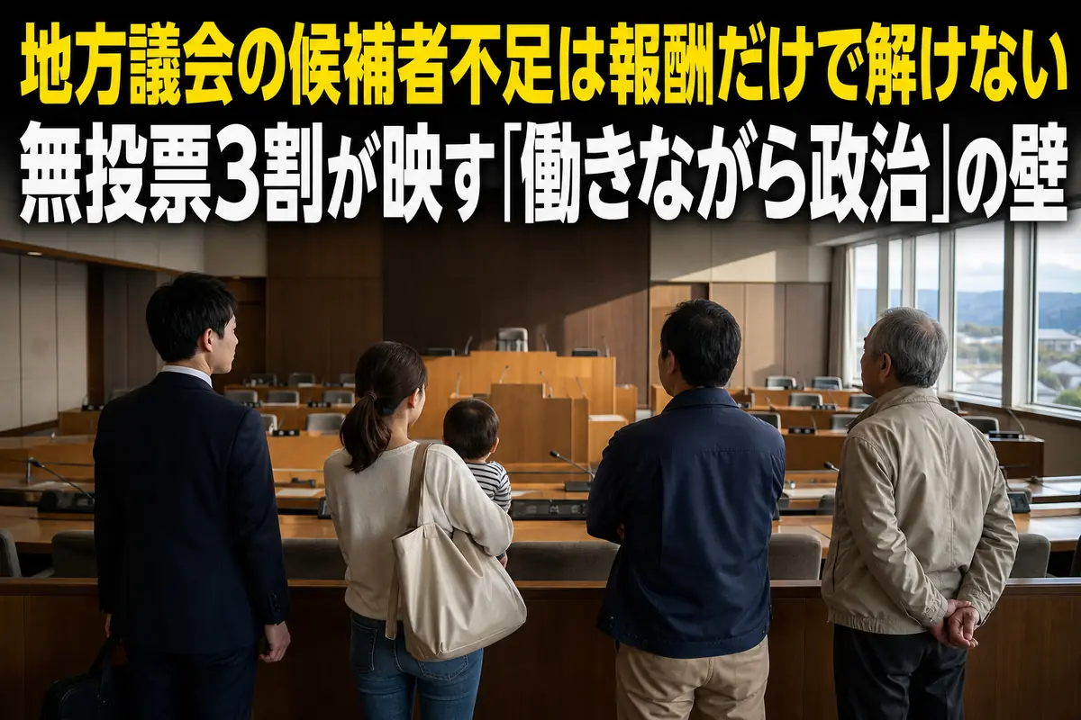 空席のある地方議会と、多様な地域住民を描いたイメージ。