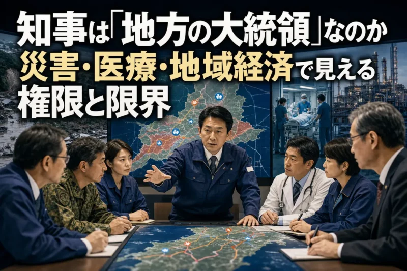 災害、医療、地域経済の広域調整を担う知事と関係者のイメージ。