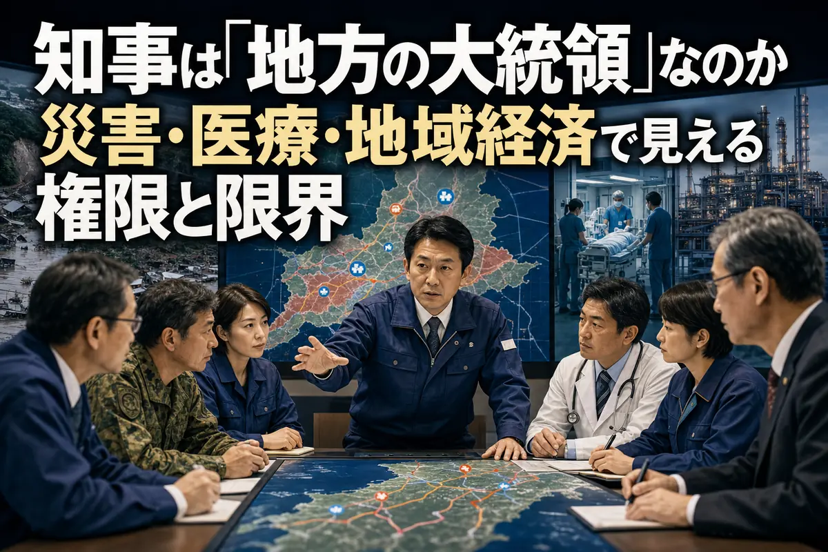 災害、医療、地域経済の広域調整を担う知事と関係者のイメージ。
