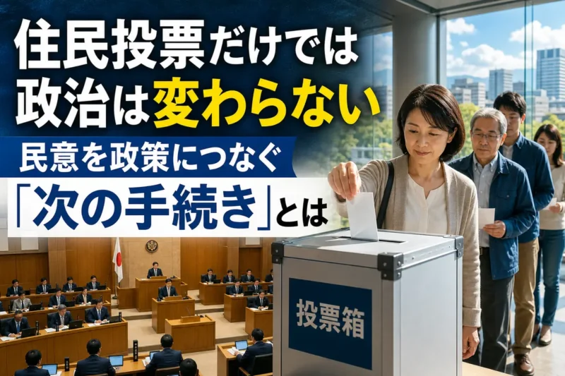 投票箱と地方議会を背景に住民が一票を投じる様子。