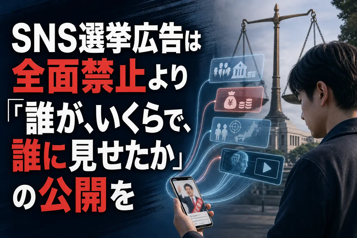 スマートフォン上の選挙広告と資金・配信情報を確認する有権者のイメージ。