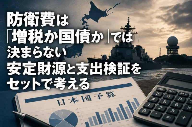 防衛装備と予算資料を組み合わせ、防衛財源の選択を表現したイメージ。