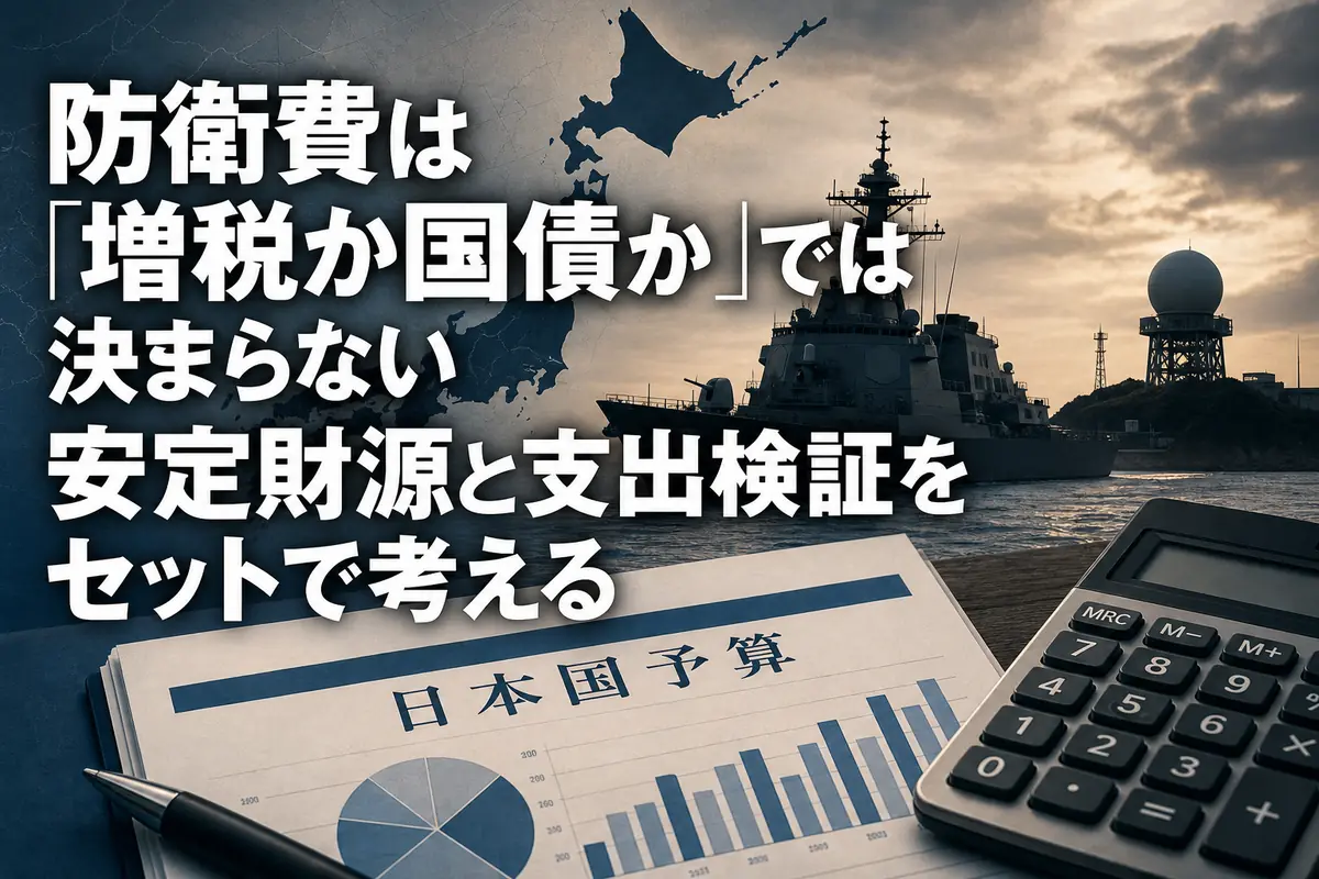 防衛装備と予算資料を組み合わせ、防衛財源の選択を表現したイメージ。