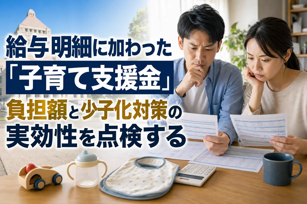 給与明細と医療保険の通知を確認する家庭のイメージ。