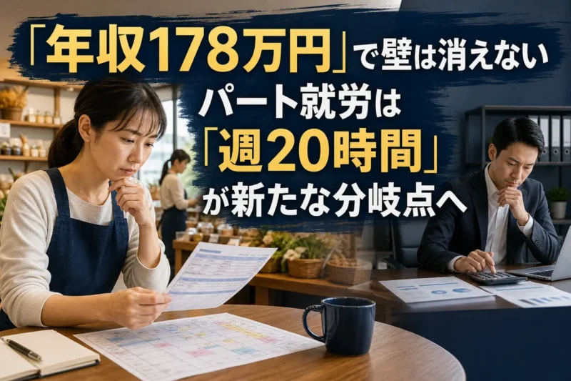 給与明細と勤務時間表を確認するパート労働者と、企業負担を計算する事業者。