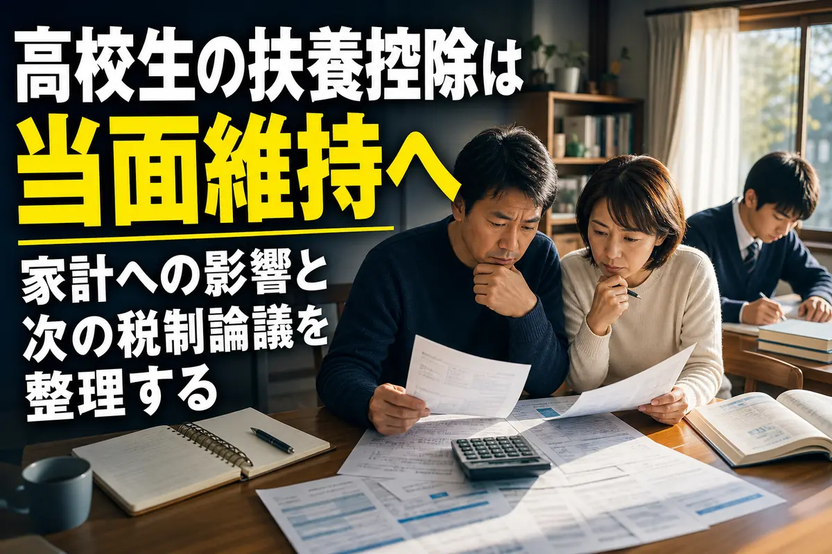 高校生の子どもがいる家庭で、親が税書類と家計簿を確認している様子。