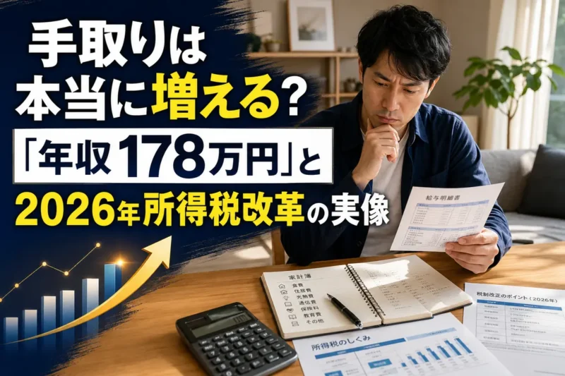 給与明細と家計簿を見ながら所得税の変化を確認する会社員。