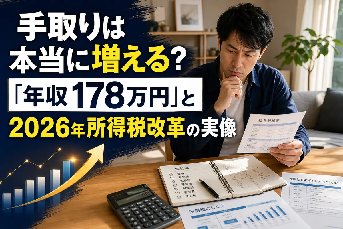 給与明細と家計簿を見ながら所得税の変化を確認する会社員。
