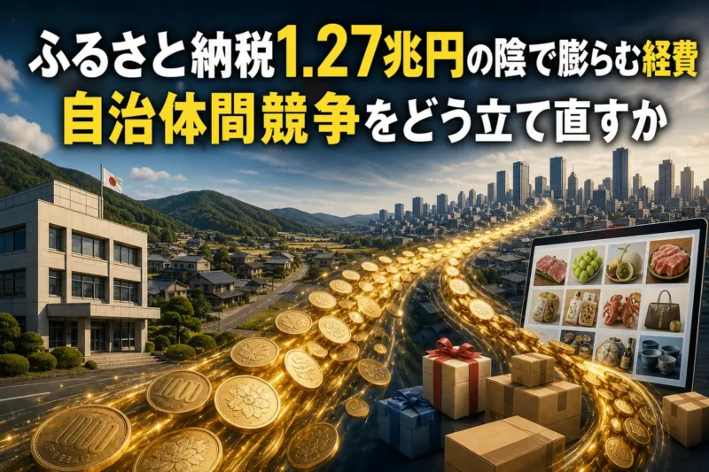 都市から地方へ流れる税財源と返礼品・経費の関係を表したイメージ。