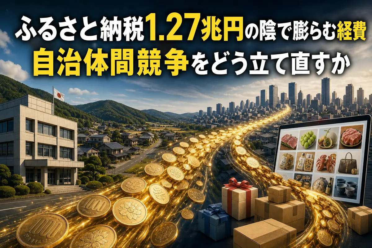 都市から地方へ流れる税財源と返礼品・経費の関係を表したイメージ。