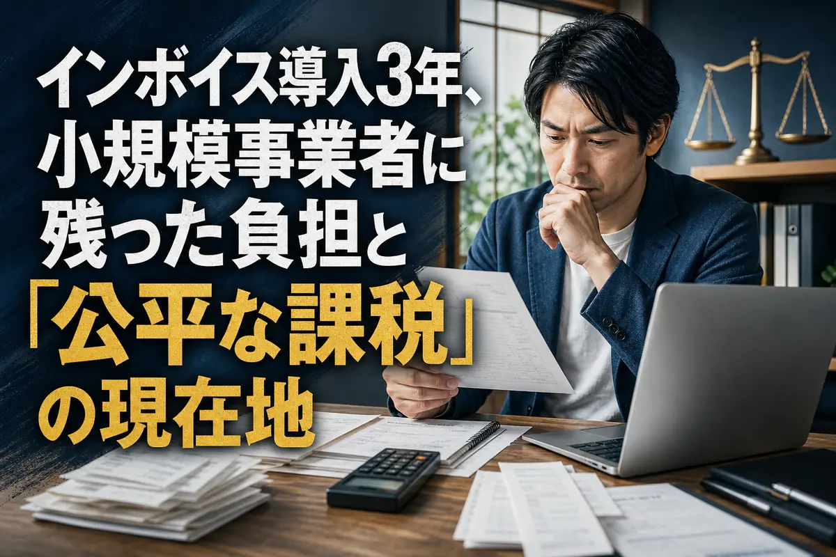 小規模事業者が請求書と会計画面を確認する様子。