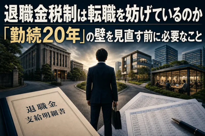 長期雇用と転職の分岐点に立つ会社員を描いたイメージ。
