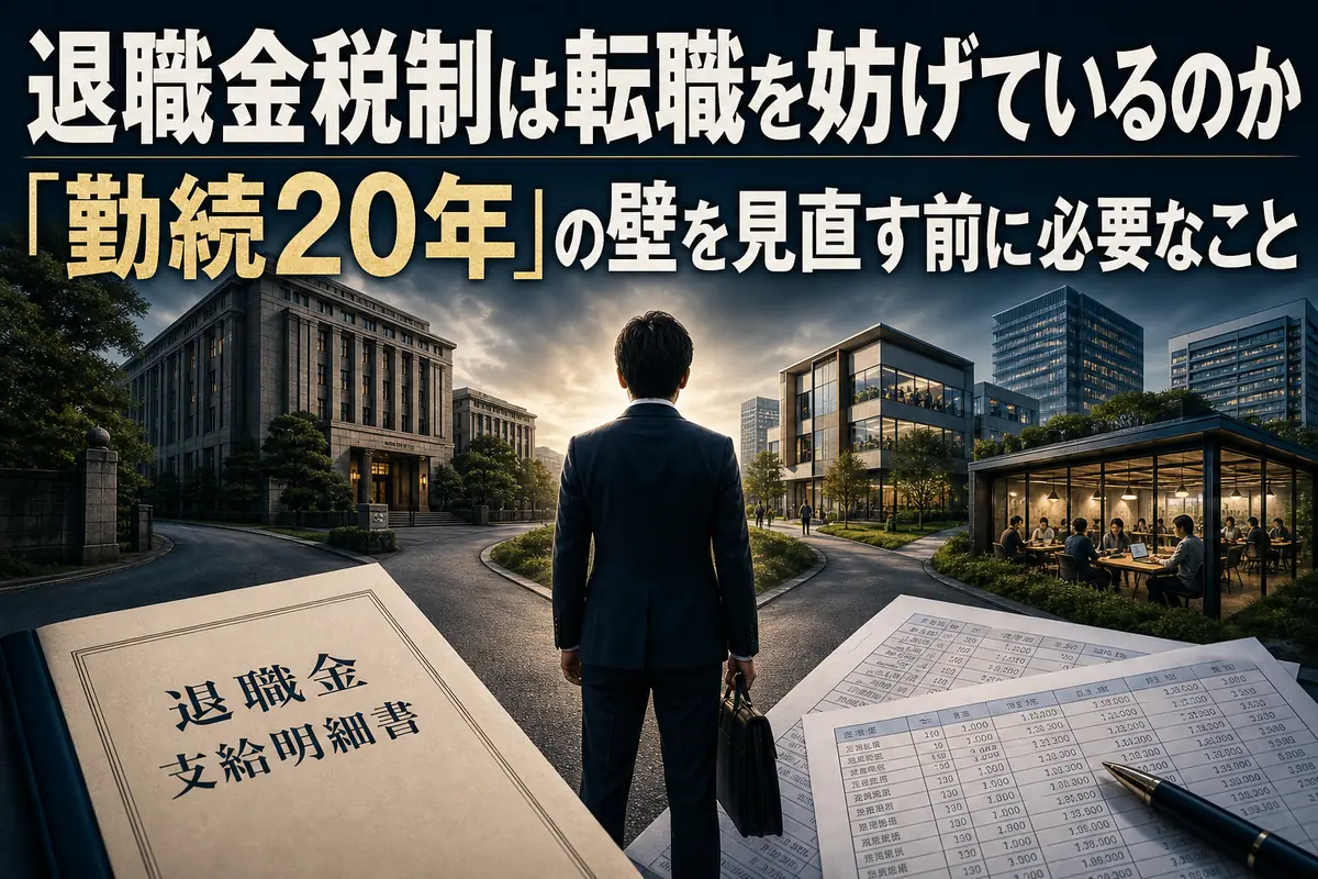 長期雇用と転職の分岐点に立つ会社員を描いたイメージ。