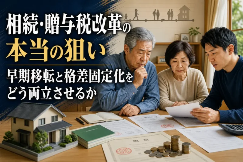 高齢の親と成人した子が自宅で相続と資産移転について話し合う様子。