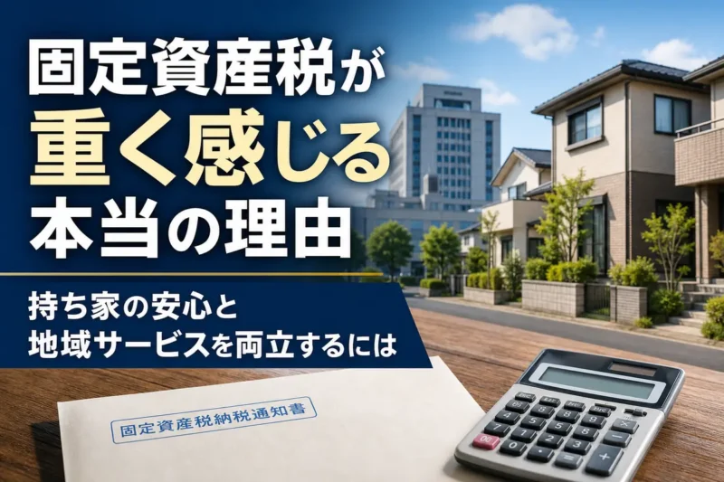 住宅街と固定資産税の通知書から家計と自治体財政の関係を表したイメージ。