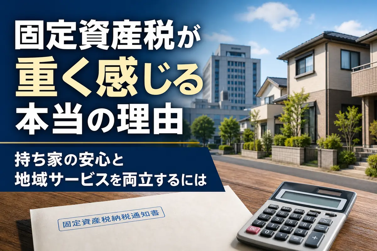 住宅街と固定資産税の通知書から家計と自治体財政の関係を表したイメージ。