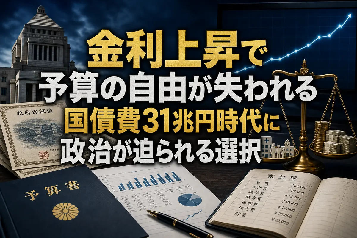 上昇する金利の下で国債費と生活予算を比較するイメージ。