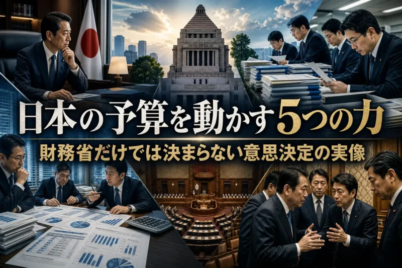 官邸、各省庁、財務省、与党、国会が予算を調整する様子。