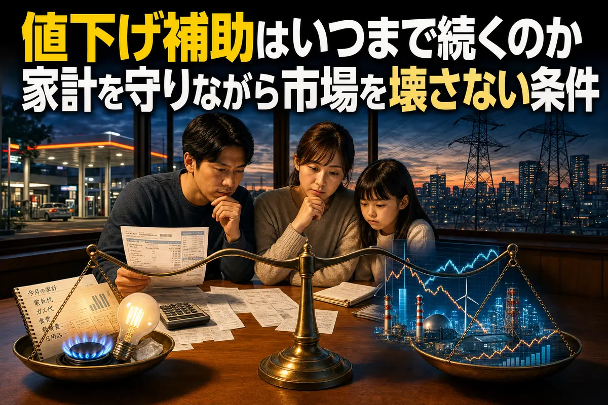 光熱費と燃料費を確認し、家計支援と市場への影響を考える家庭のイメージ。