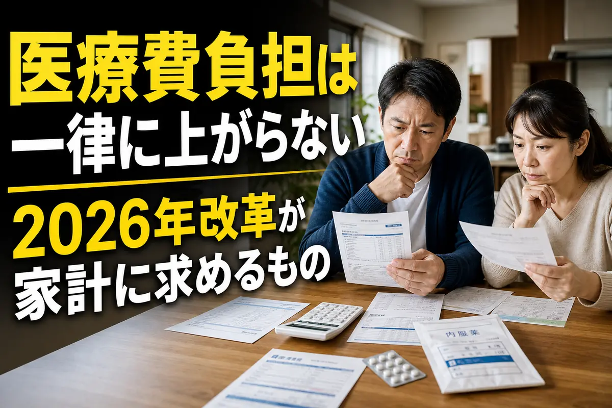 医療費の明細と保険資料を家族が確認している様子。