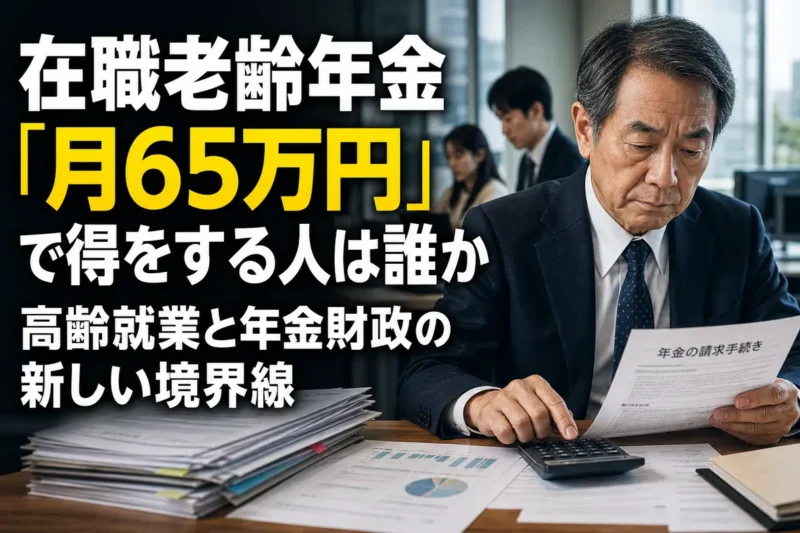 年金資料を確認しながら職場で働く高齢者。