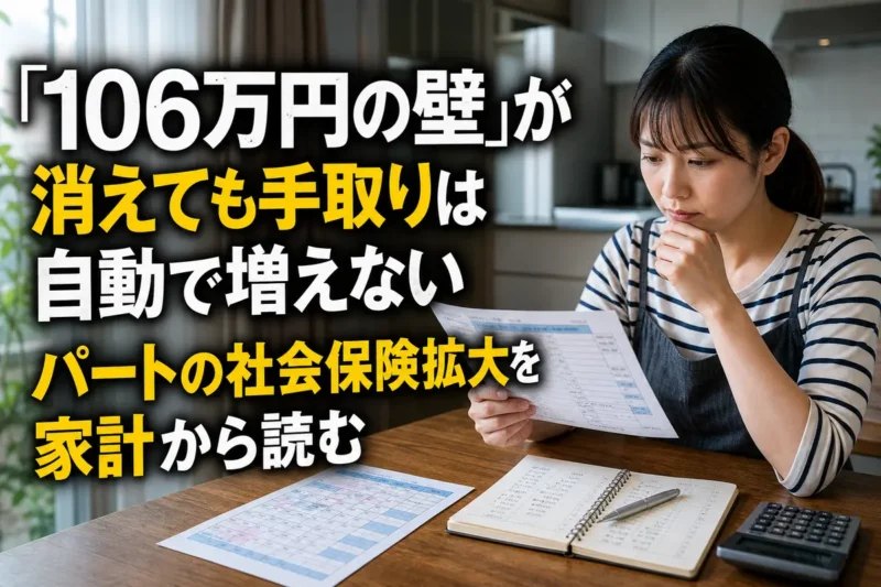 給与明細と家計簿を見ながら社会保険加入後の働き方を考える人。