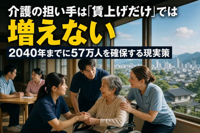 日本人と外国人の介護職員が地域の高齢者を支える様子。