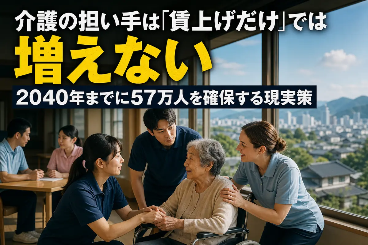 日本人と外国人の介護職員が地域の高齢者を支える様子。