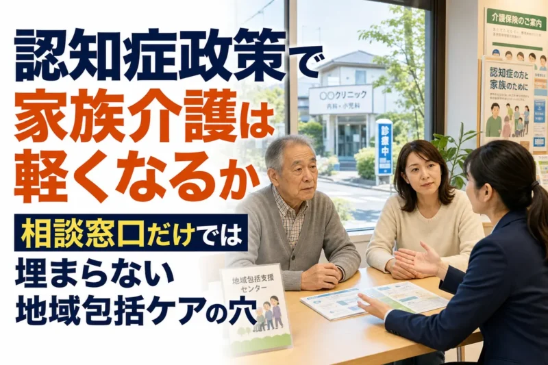 地域の相談窓口で高齢者と家族が支援員に相談している様子。
