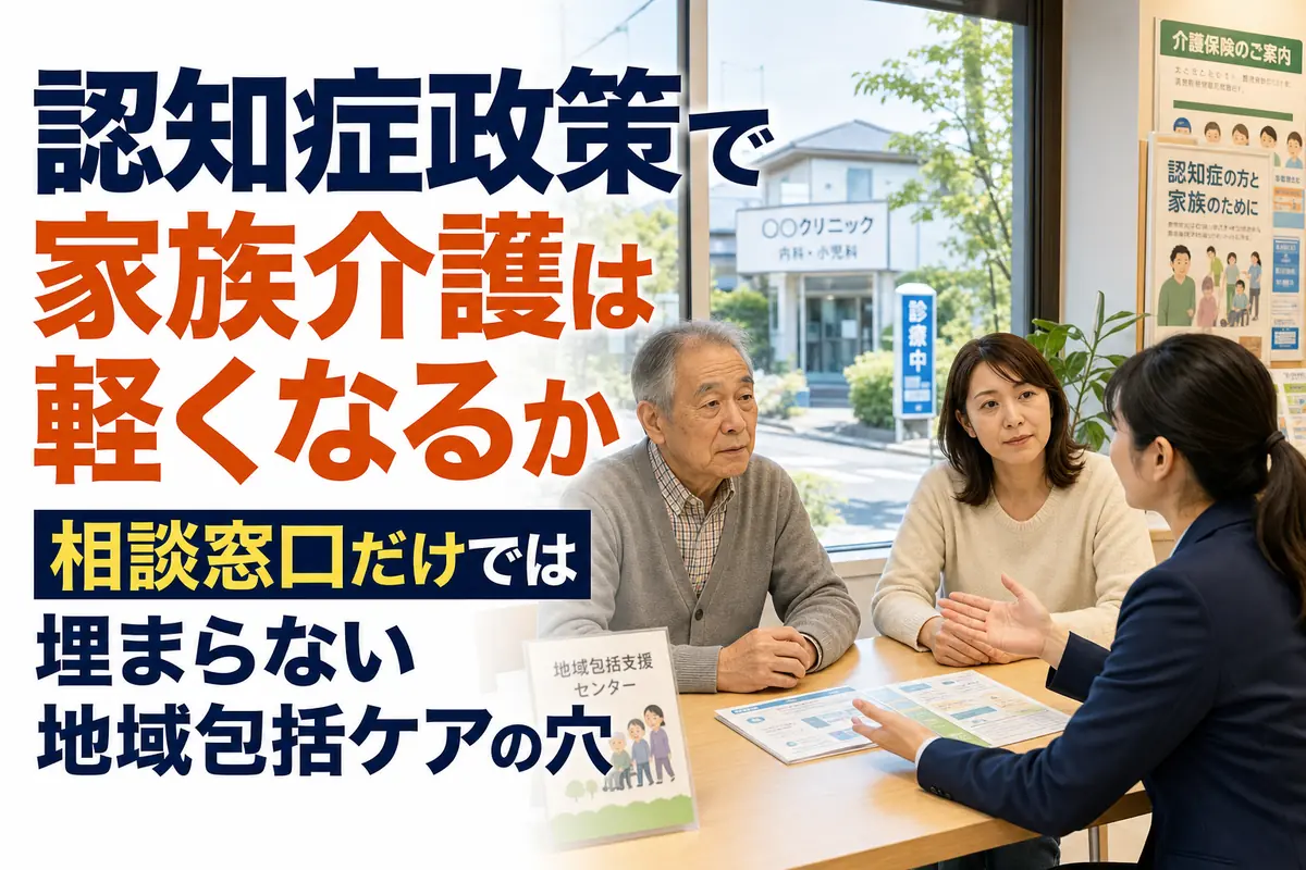 地域の相談窓口で高齢者と家族が支援員に相談している様子。