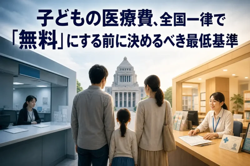 自治体ごとに異なる子どもの医療費助成と国の役割を表したイメージ。