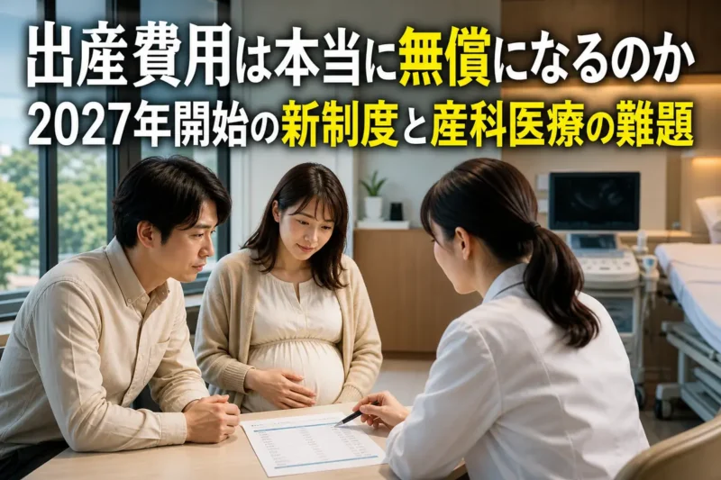 産科医療施設で出産費用の説明を受ける妊婦と家族。