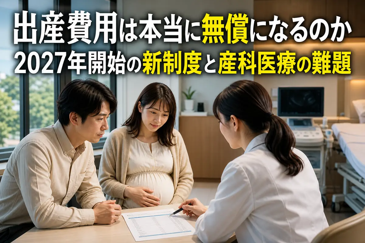 産科医療施設で出産費用の説明を受ける妊婦と家族。